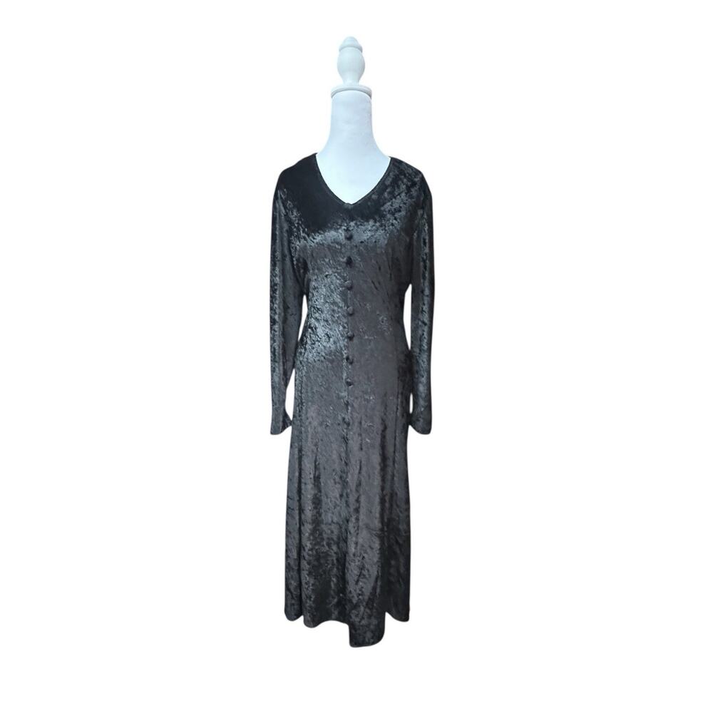 Vtg 90s Crushed Black Velvet Maxi Dress Witchy Soft Goth Fairy Grunge Sz 16 L/XL